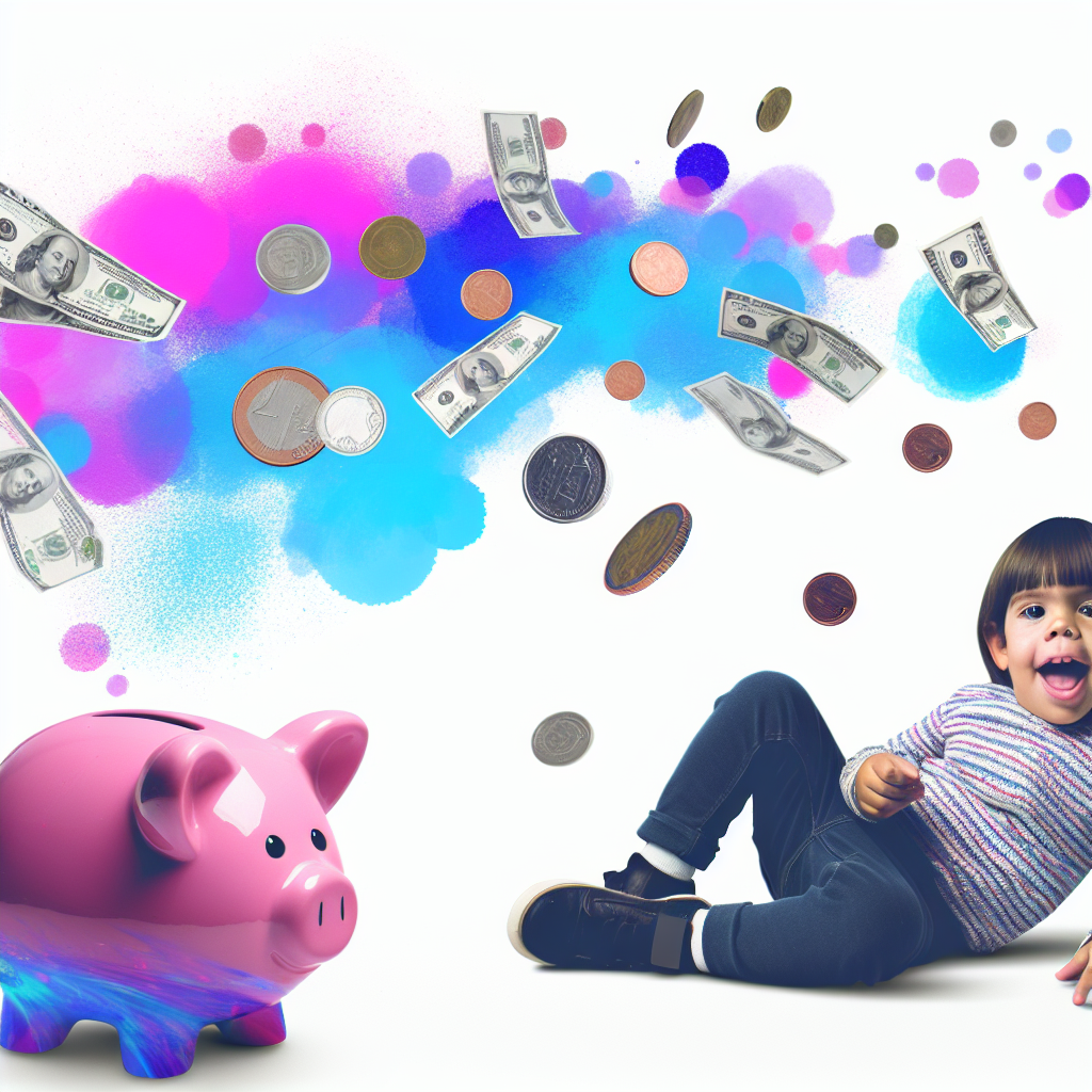 Children Counting Coins for Financial Education A child excitedly counting coins with a piggy bank and colorful illustrations of coins and bills around them, promoting financial education in soothing violet and blue tones.