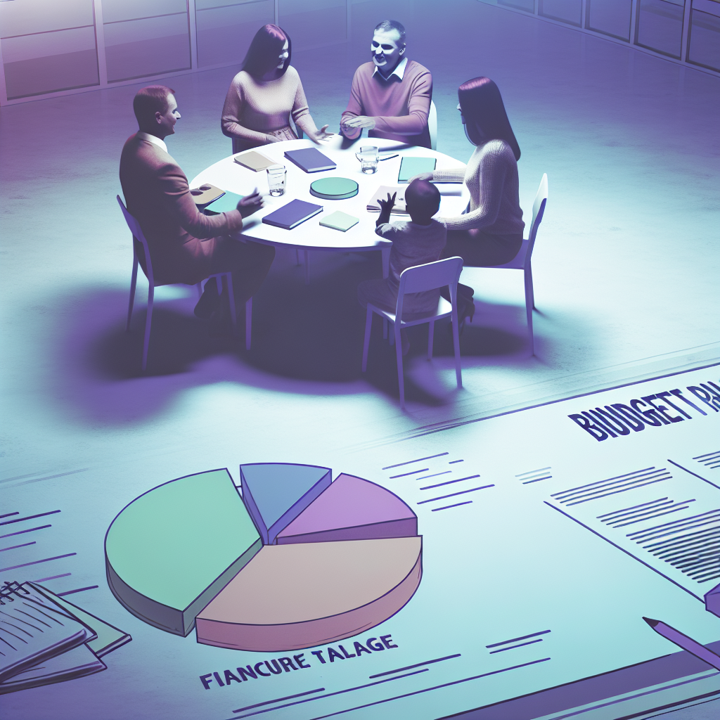Family Budget Planning Session A family discussing a budget plan with a colorful pie chart and notebooks on a table, showing the importance of financial planning in calming soft hues.