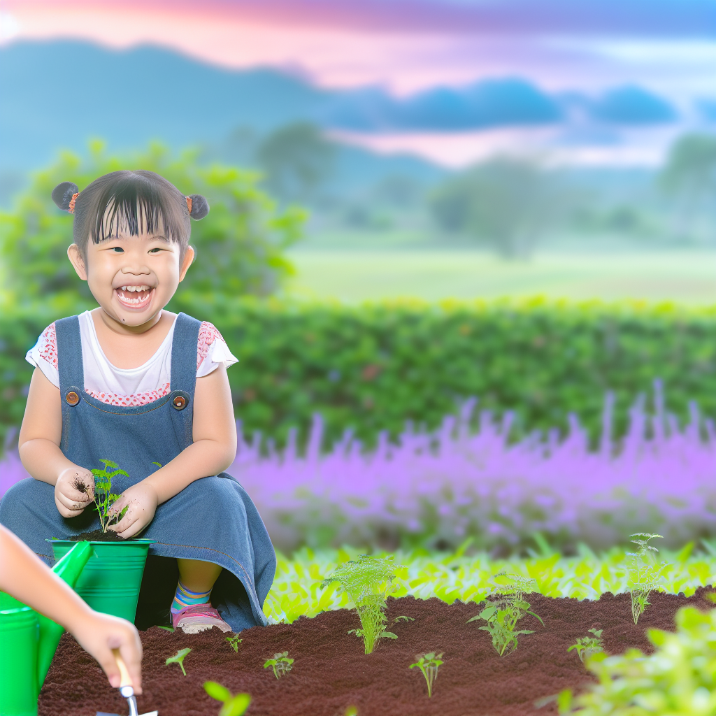 Child Gardening - Teaching Responsibility A child planting seeds in a garden, showcasing the joy of gardening in teaching responsibility, with soft purples and blues in the background.