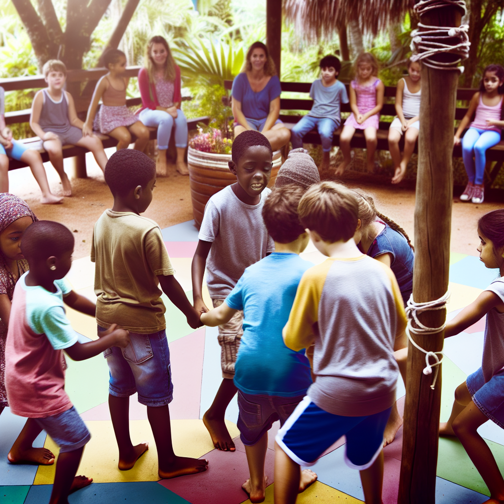 Children Engaging in Outdoor Cooperative Games Children playing a cooperative game outdoors, showcasing teamwork in a vibrant setting with calming colors.