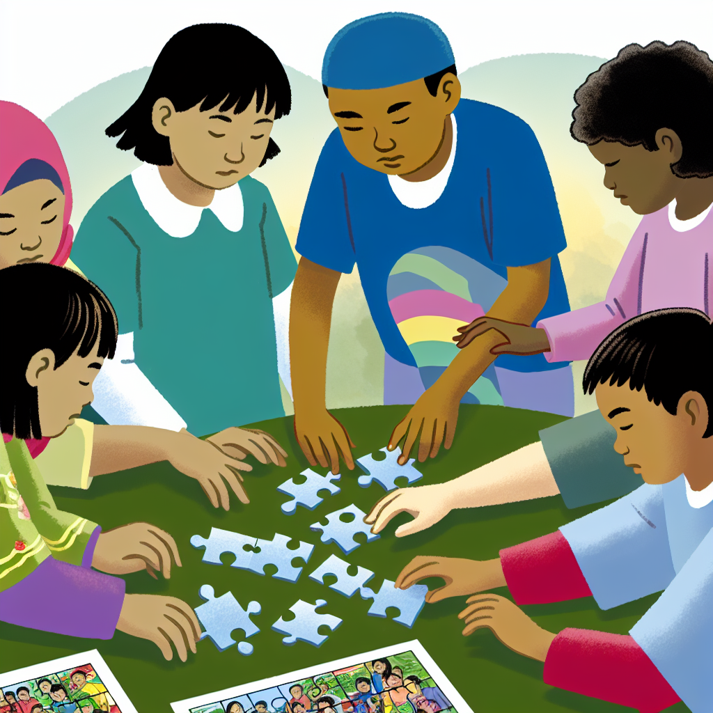 Kids Collaborating on a Puzzle Together A close-up of kids collaborating on a puzzle, emphasizing teamwork and problem-solving with soothing hues.