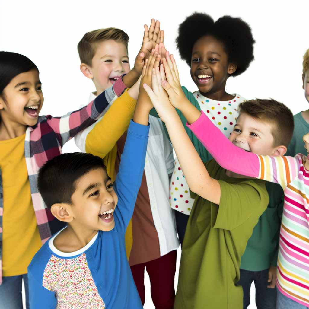 Children Celebrating Team Success A diverse group of children high-fiving after successfully completing a team task, capturing the essence of cooperation.