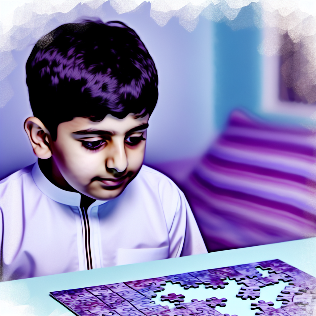 Child Engaged in Problem Solving Activities A child solving a puzzle with a thoughtful expression, surrounded by calming colors like soft purples and blues.