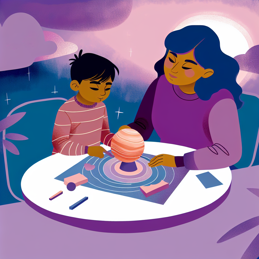 Parent and Child Collaborating on a Project A parent and child working together on a science project, highlighting collaboration in learning with calming colors like soft purples and blues.