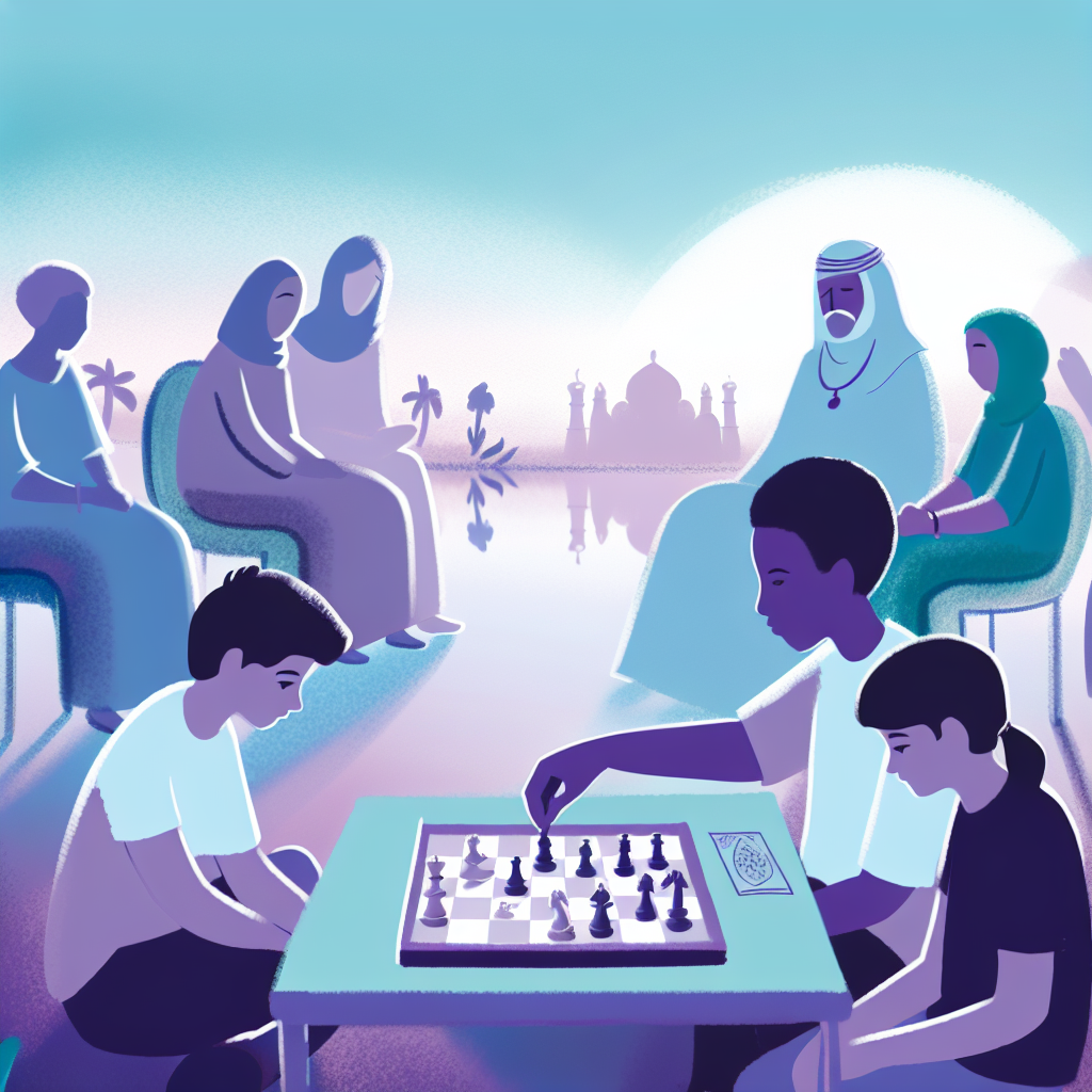 Kids Playing a Strategic Board Game Children playing a board game that promotes strategic thinking, set in a peaceful environment with calming colors like soft purples and blues.