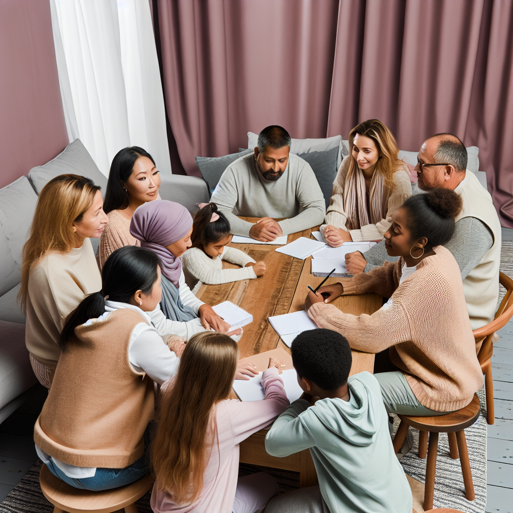 Family discussing New Year's resolutions Family gathered around a table, discussing and creating New Year's resolutions together, with calming colors like soft purples and blues.