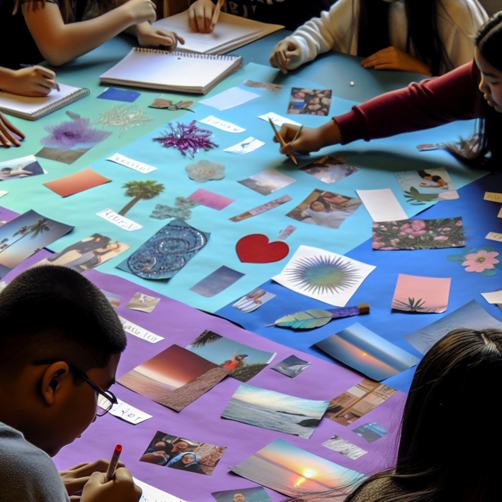Kids creating a vision board for resolutions Children creating a vision board filled with their New Year's resolutions, featuring calming tones of blue and purple.