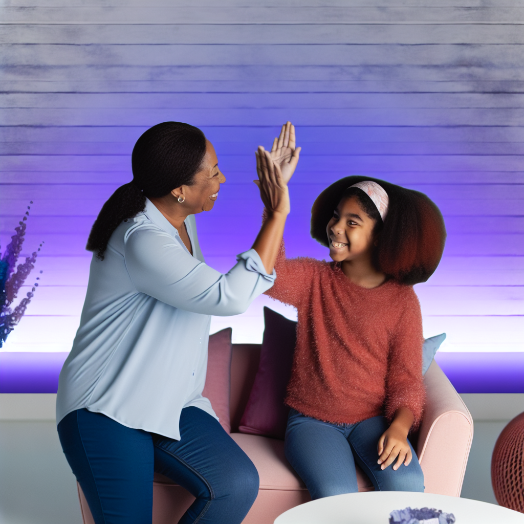 Parent and child celebrating goal-setting A parent and child high-fiving after setting goals together, with a peaceful backdrop of soft purples and blues.