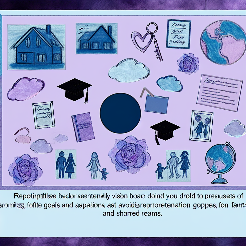 Family Vision Board with Goals and Aspirations A colorful family vision board with goals and aspirations, featuring calming colors like soft purples and blues.