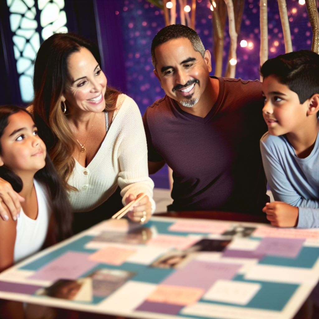 Family Discussing Their Vision Board for the Year A family gathered around a vision board, discussing their goals for the year ahead, with soothing soft purples and blues in the background.