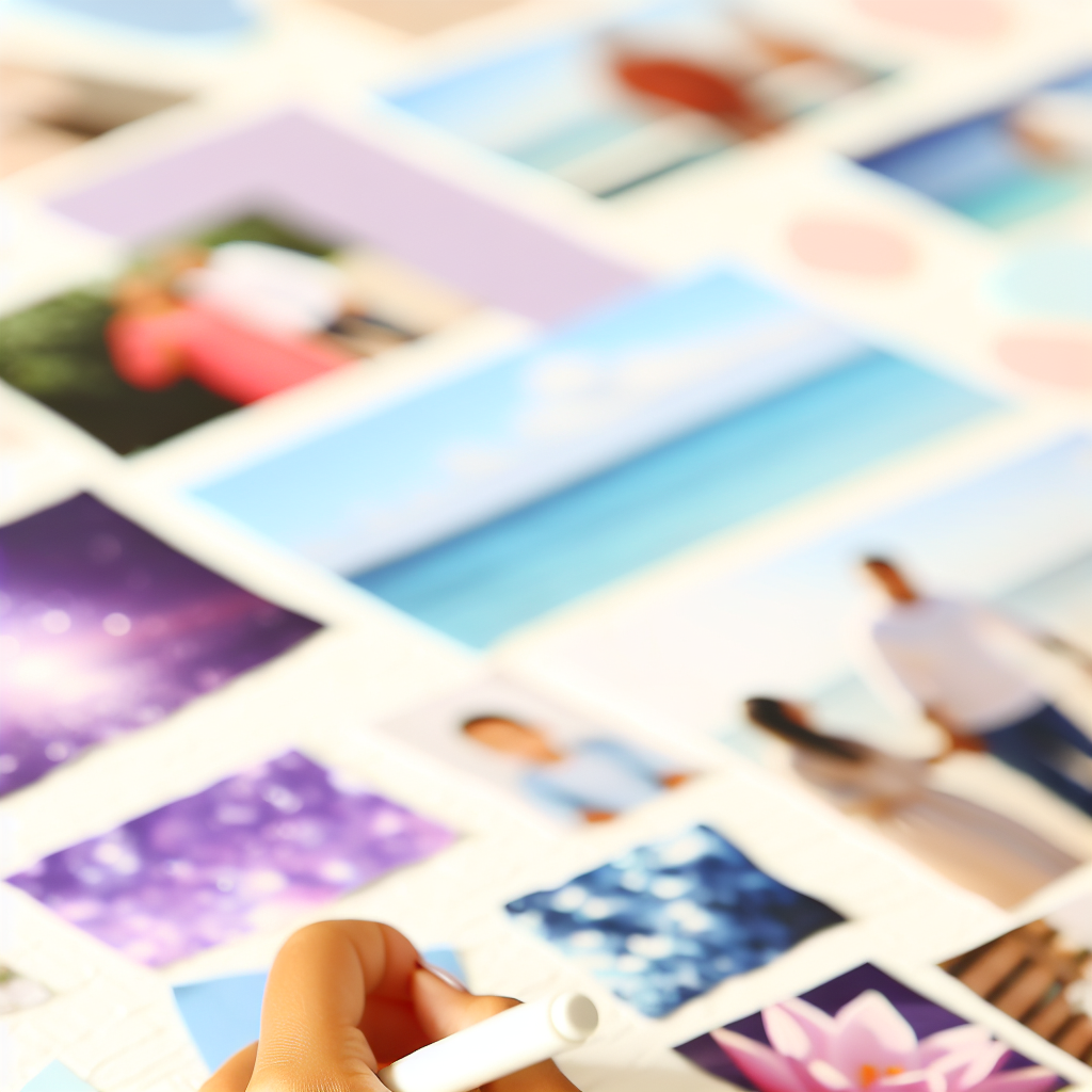 Close-Up of a Family Vision Board Filled with Aspirations A close-up of a vision board filled with images and words representing family dreams and aspirations, incorporating calming colors like soft purples and blues.