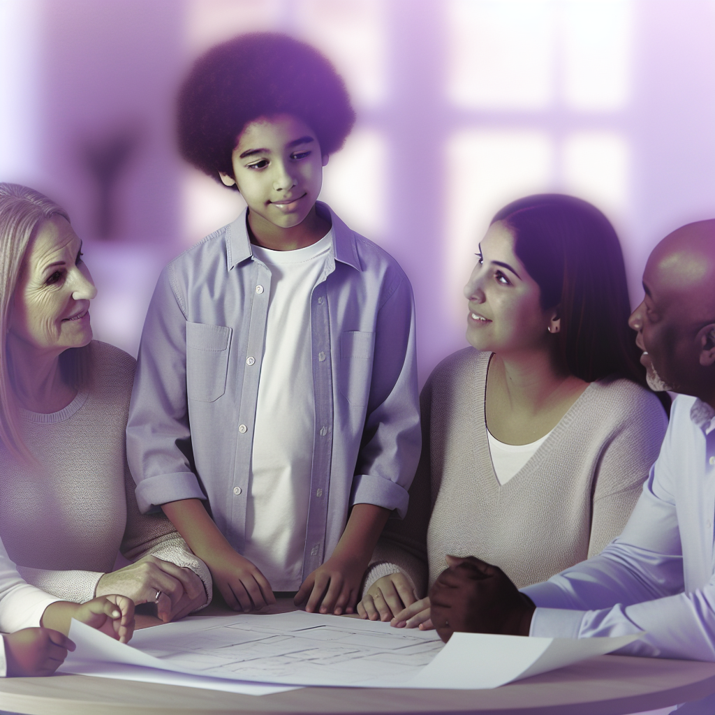 Family Planning Together in a Calm Environment A serene family setting depicting parents and children planning together, with calming colors of soft purples and blues.