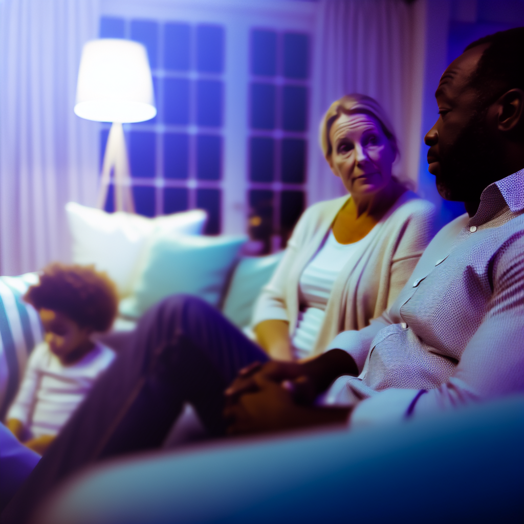 Family Meeting for Goal Setting A cozy family meeting with parents discussing their goals, surrounded by soft purples and blues.