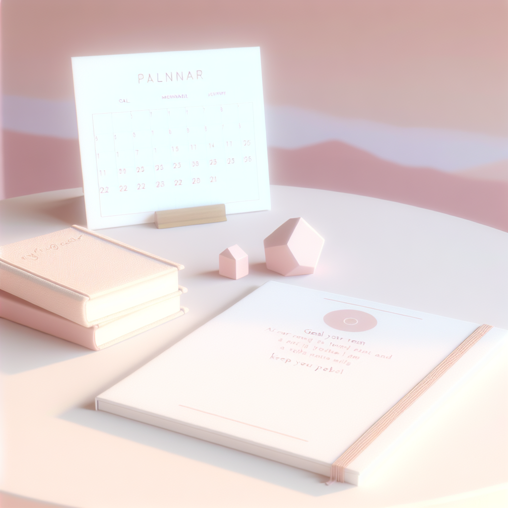 Goal Setting Tools for Parents A calendar and goal-setting journal on a table, inviting a peaceful planning atmosphere with soft colors.