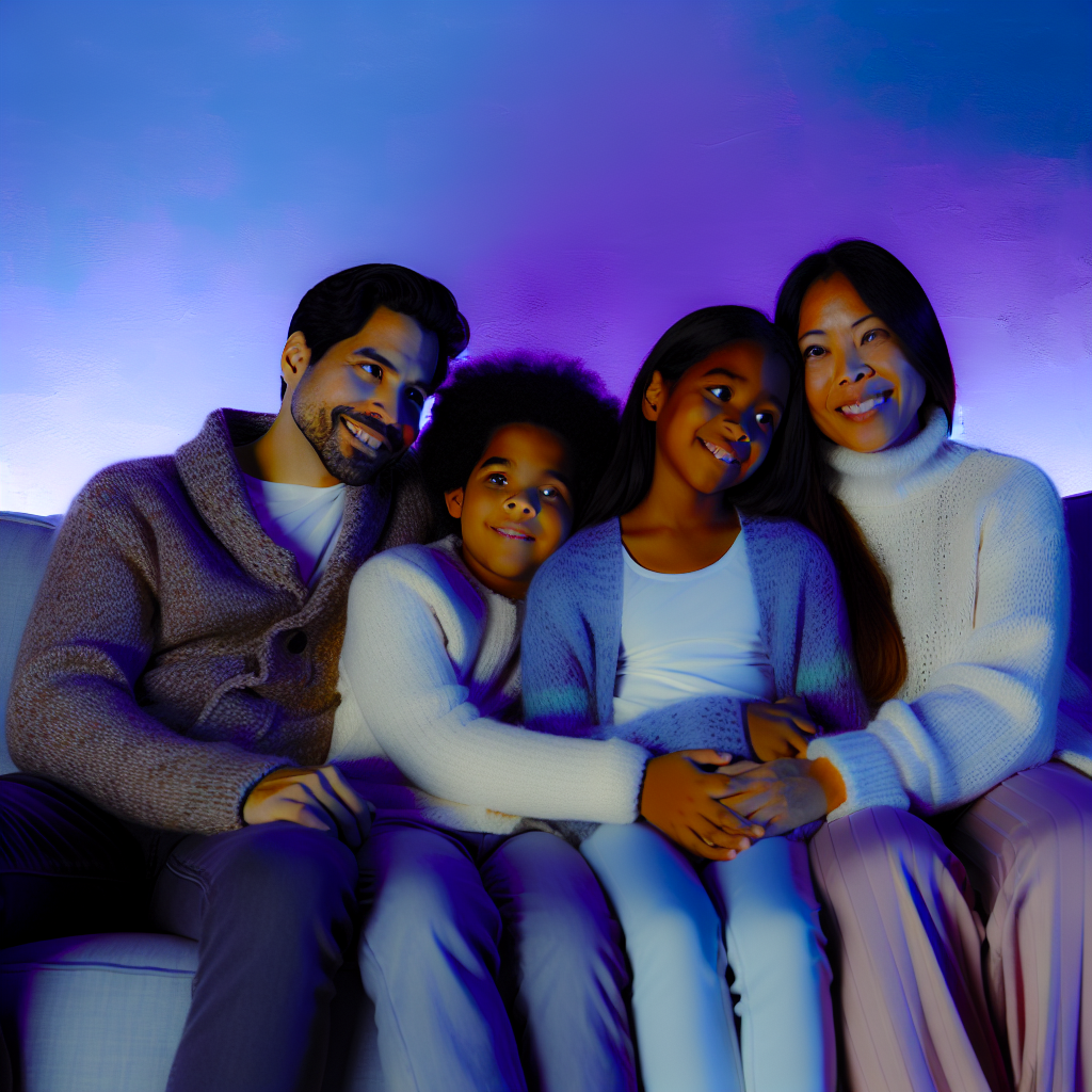 Family Enjoying a Cozy Moment Together A family enjoying a cozy moment together, surrounded by calming colors like soft purples and blues.