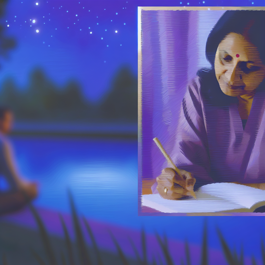 Parent Jotting Down Reflections in a Journal A parent jotting down reflections in a journal, with a peaceful atmosphere featuring soft purples and blues.