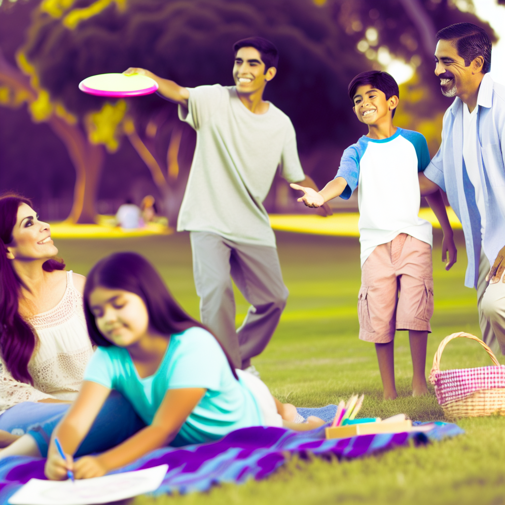 Family enjoying outdoor activities together A happy family enjoying a sunny day at a park, engaging in outdoor activities with calming colors like soft purples and blues.