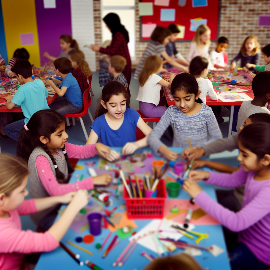 Children engaging in arts and crafts Children participating in a creative arts and crafts session, surrounded by vibrant colors and materials.