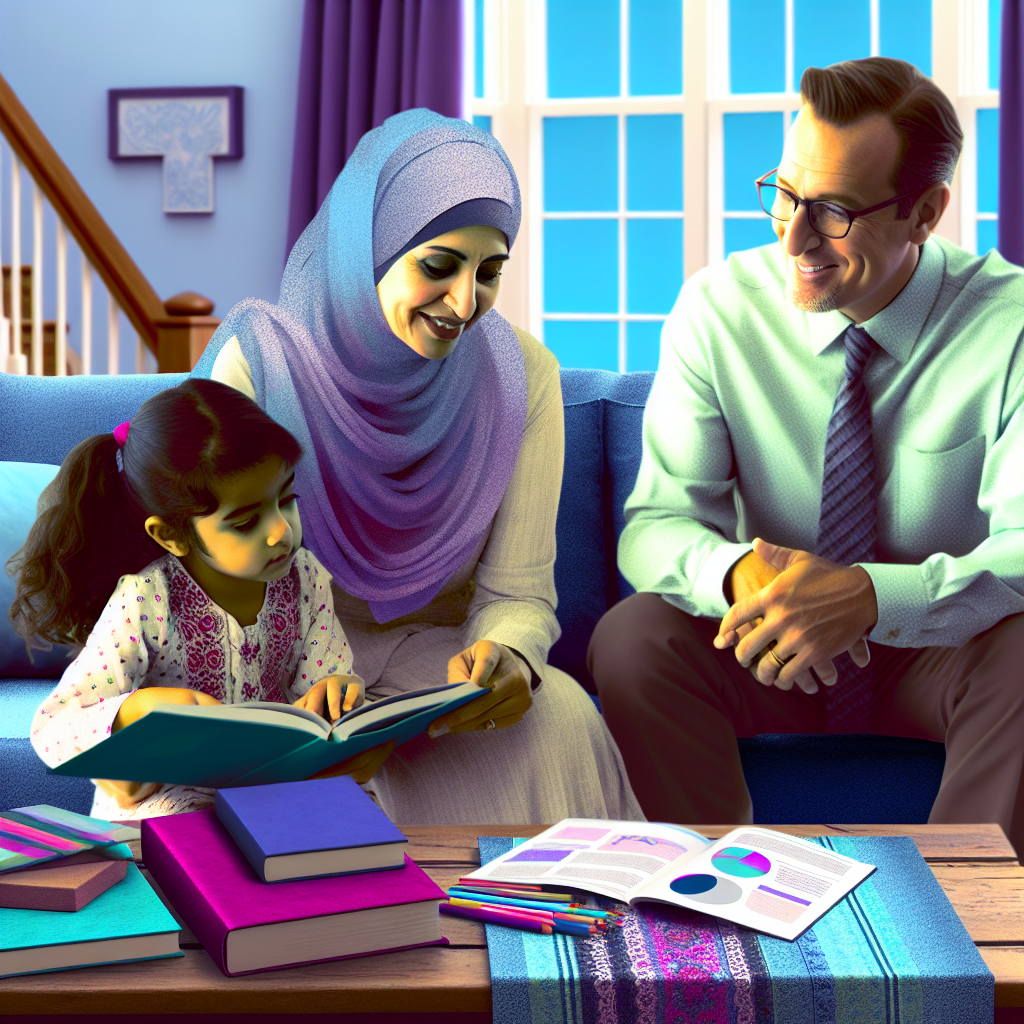 Family Engaging with Parenting Resources A cozy living room with a family engaging with top-rated parenting resources, surrounded by soft blue and purple decor.