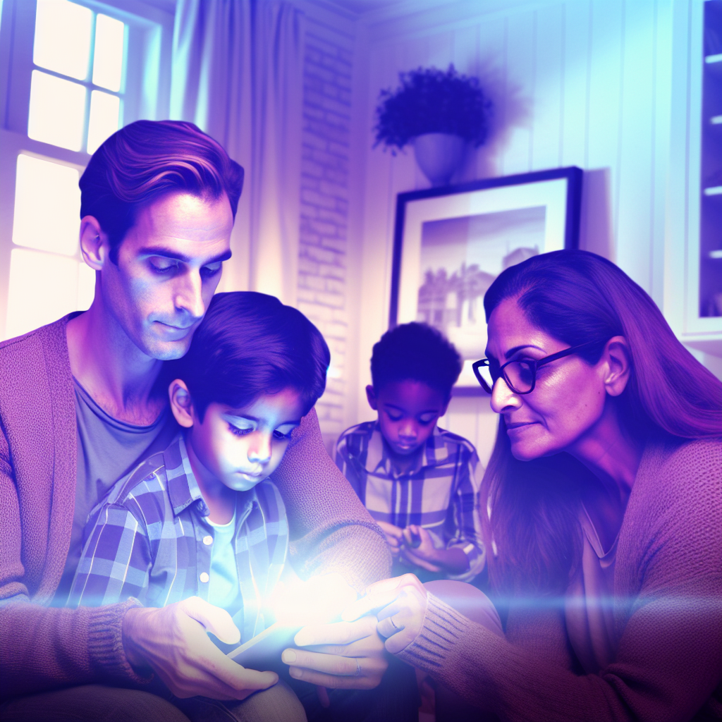 Engaging with Technology in Parenting Modern parents engaging with their children using technology in a cozy home setting, featuring soft purples and blues.