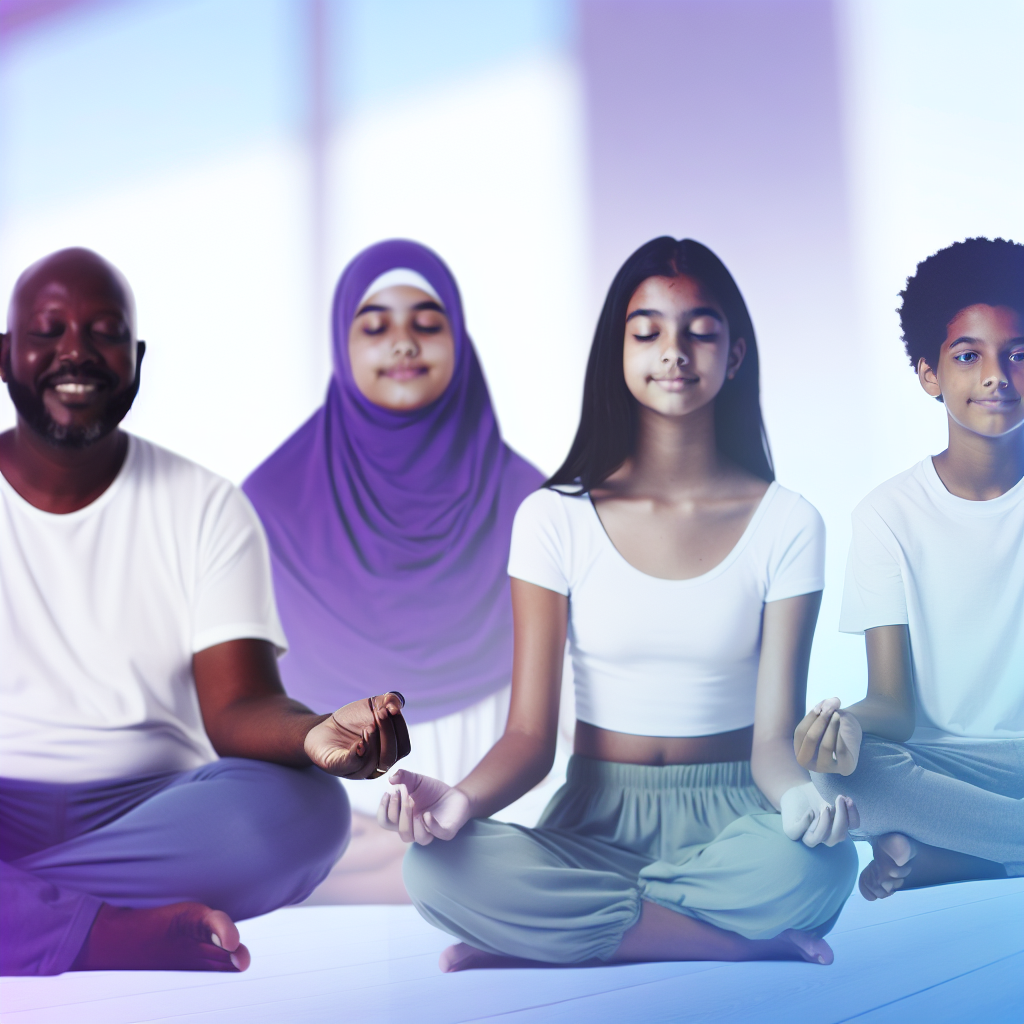 Family Mindfulness and Wellness Practices A family practicing mindfulness and wellness together in a serene environment, emphasizing calm colors like soft purples and blues.