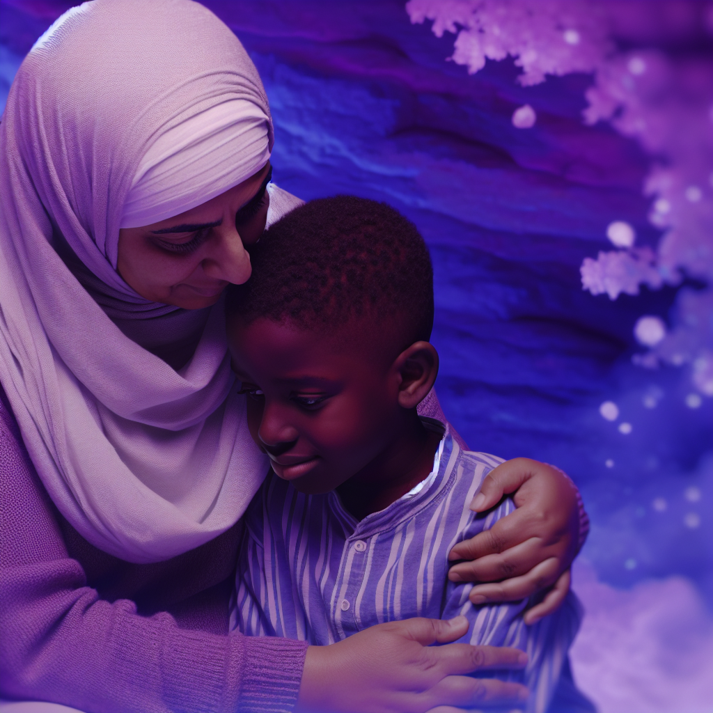 Parent comforting a child, illustrating love in imperfect parenting moments. A parent comforting a child, illustrating the unconditional love in imperfect parenting moments, with soft purples and blues.